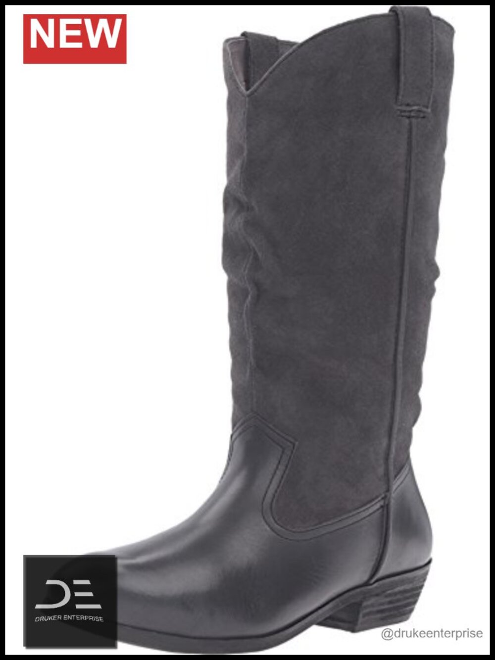 Wide Calf Mid-Calf Pull-On Boots Leather Fabric Lining Block Heel